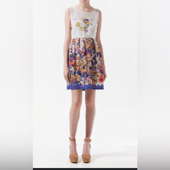 Zara Combined Crepe Dress With Flowers - Picture 1 of 10